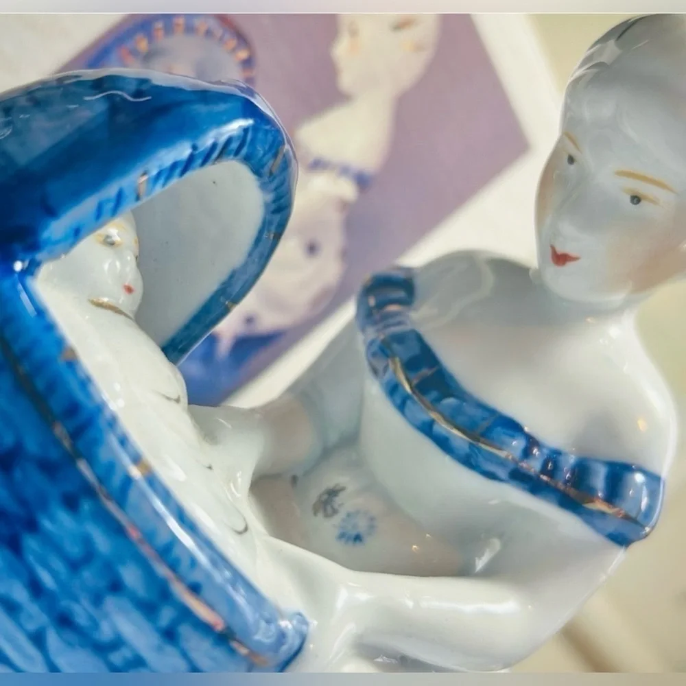 Vintage Decor Fine Porcelain Figurine Mother & Baby Cobalt Blue Mothers Day Gift - Picture 5 of 11